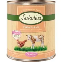 Ekonomipack Lukullus Junior 24 x 800 g - Blandpack Kalkonhjärta & lamm, Kyckling & kalv Handla nu