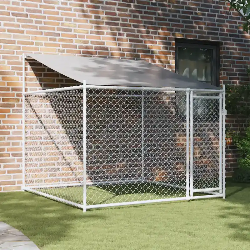 vidaXL Hundgård med tak och dörr grå 2x2x2 cm galvaniserat stål Snabb frakt