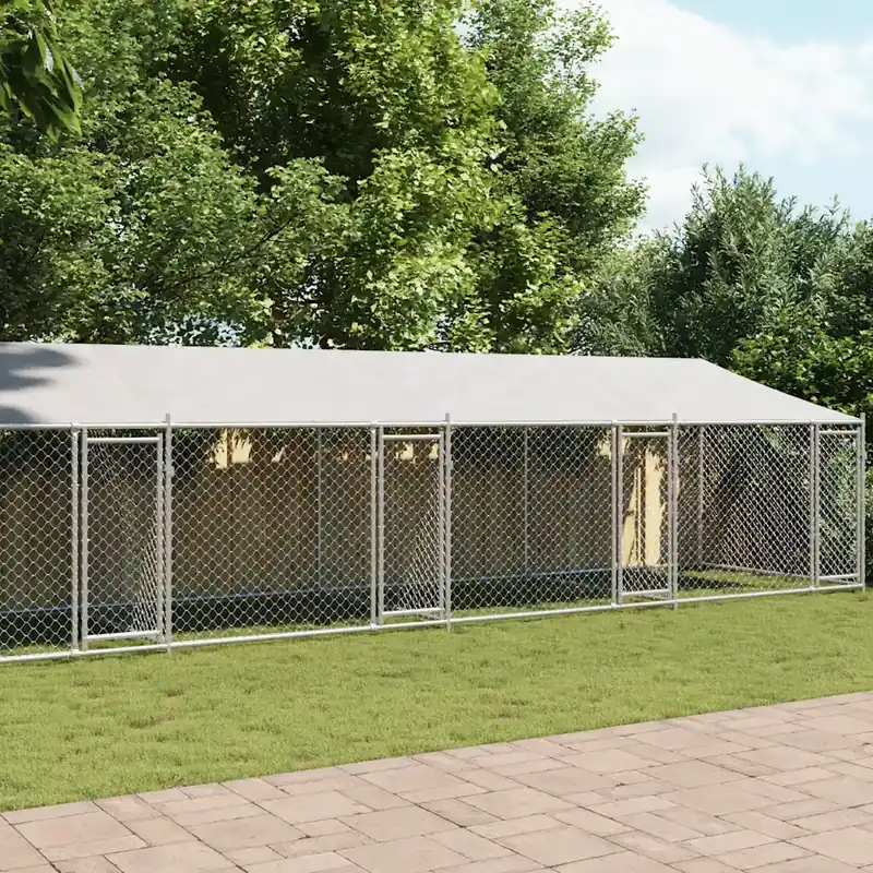 Endast denna vecka vidaXL Hundgård med tak och dörrar grå 10x2x2 cm galvaniserat stål