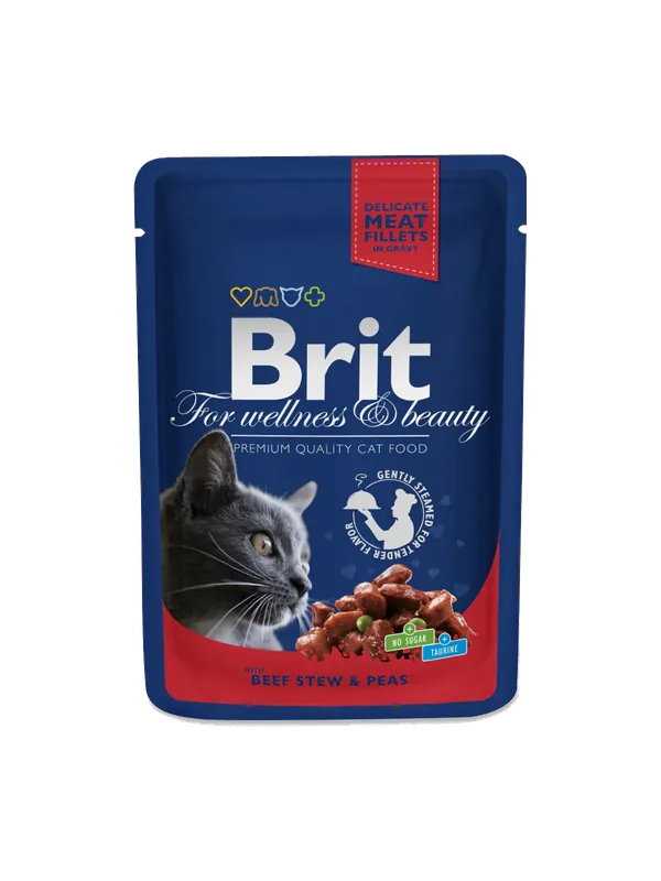 Brit Premium Portionspåsar med Nötköttsgryta och Ärtor i Sås för katter 24 x 100 g Fynd